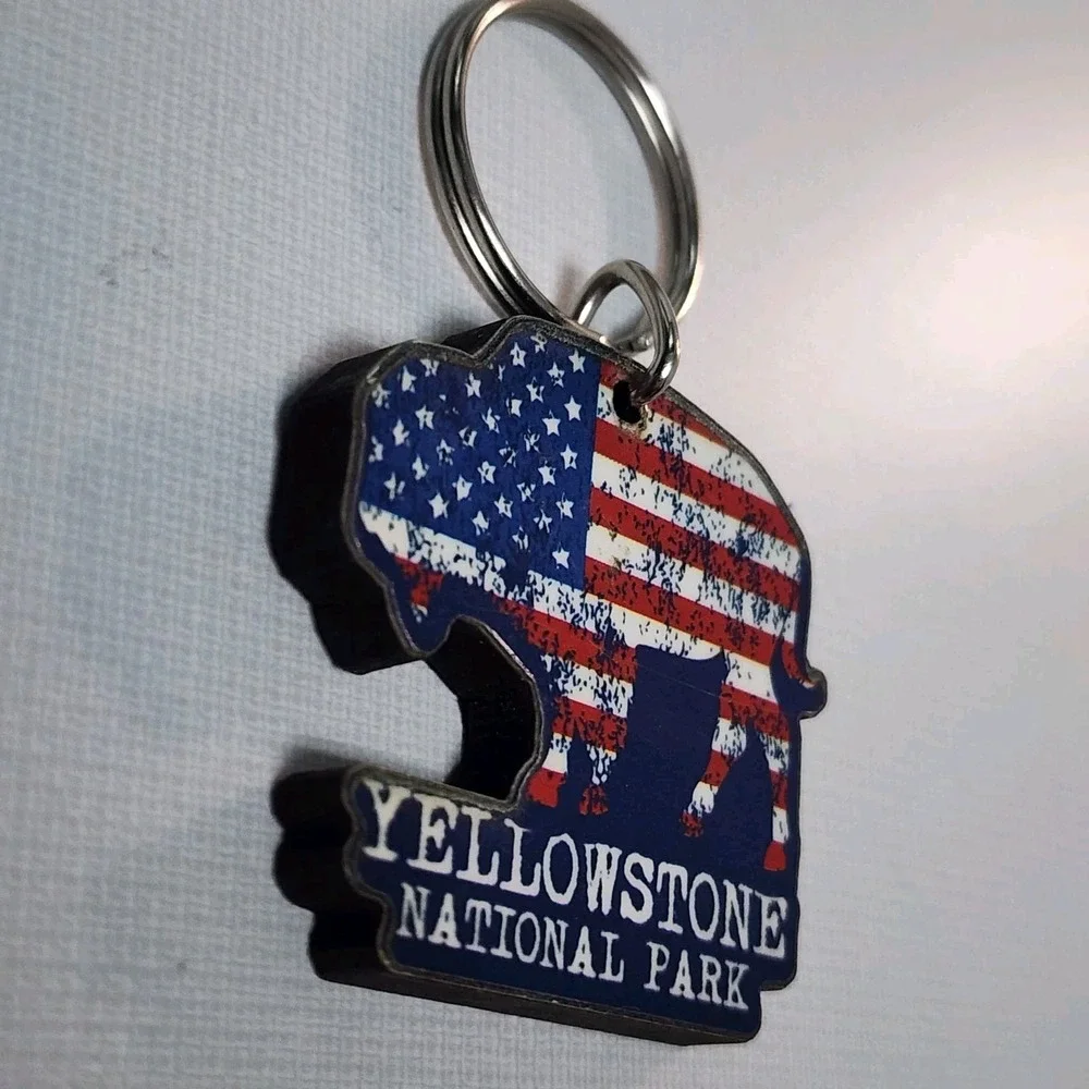 Yellowstone National Park Bison Keychain Keyring American Flag Bison Cutout